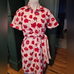 Free Assembly Red Floral Wrap Shirt Dress Short Sleeve XS–S Cotton